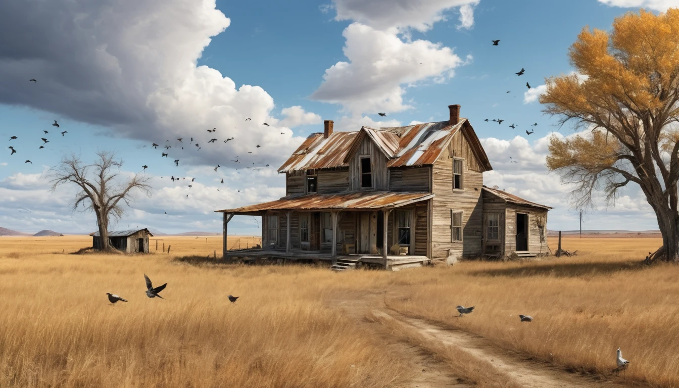 A desolate, rustic farmhouse in an expansive, barren field. The house has an old, weathered appearance with corrugated metal roofing and wooden siding, showcasing signs of decay. The landscape features dry, yellowed grass and leafless trees under an overcast sky. Two figures stand near the house, adding to the eerie and deserted atmosphere. A flock of birds flies overhead, enhancing the scene's somber and isolated mood. Hyper realistic photo, vibrant colors, 16k