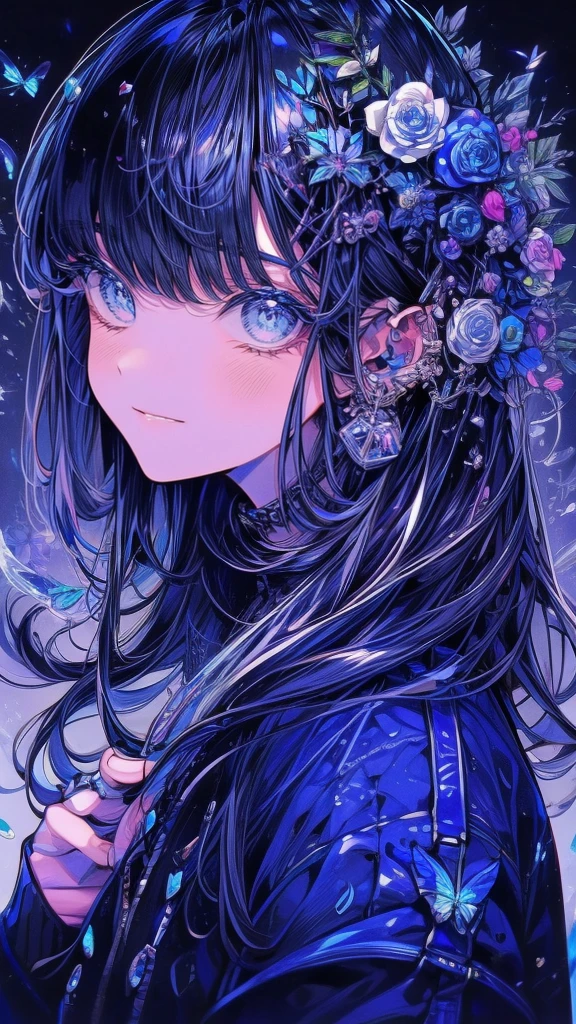 (Piece Fly), (best quality), Very detailed,Focus only，Perfect face, Pretty Face, Very detailed顔，(Black hair:1.3)，(blue eyes:1.3)，flower，星Light，flowerびら，Light，laughter