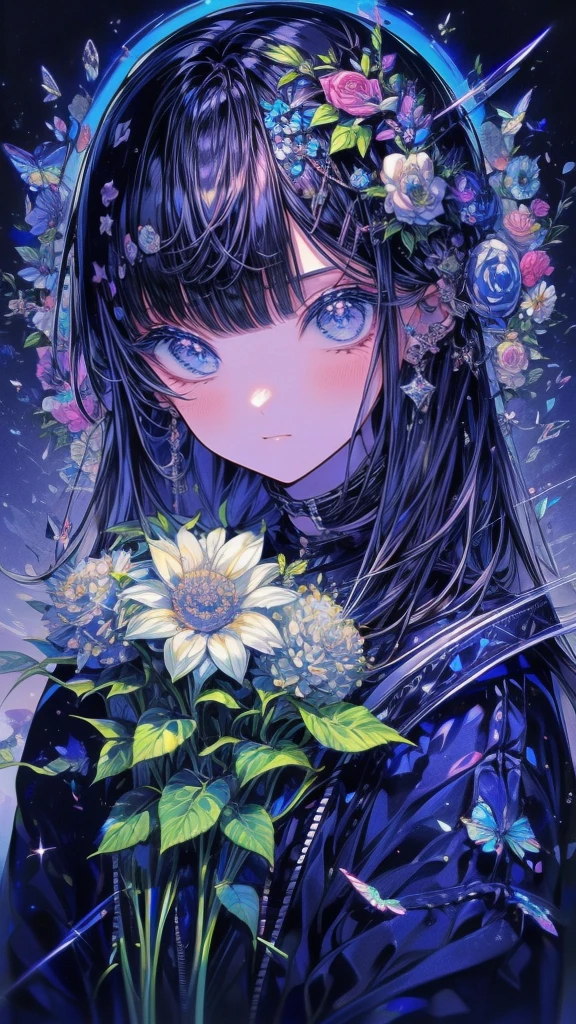 (Piece Fly), (best quality), Very detailed,Focus only,Perfect face, Pretty Face, Very detailed顔,(Black hair:1.3),(blue eyes:1.3),flower,星Light,flowerびら,Light,laughter