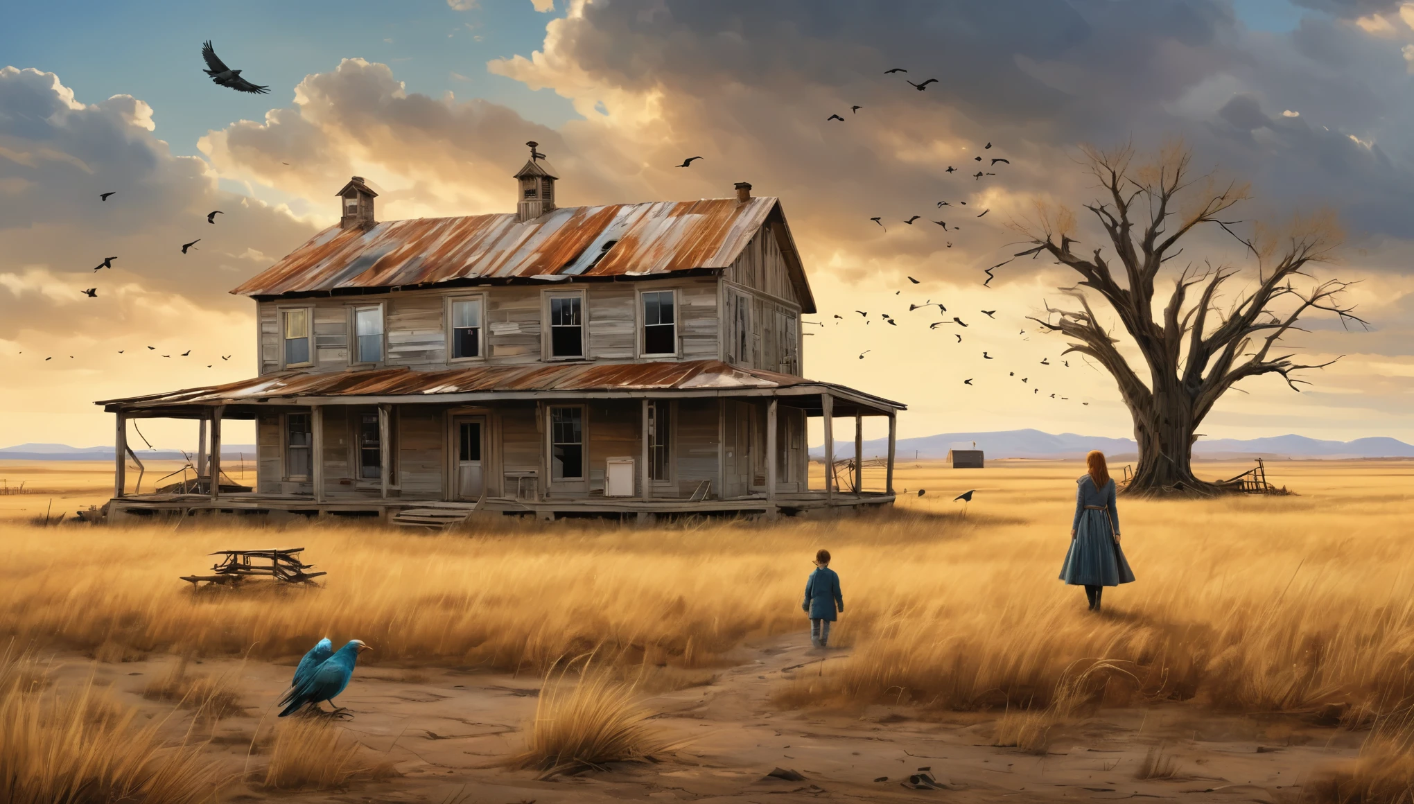 A desolate, rustic farmhouse in an expansive, barren field. The house has an old, weathered appearance with corrugated metal roofing and wooden siding, showcasing signs of decay. The landscape features dry, yellowed grass and leafless trees under an overcast sky. Two figures stand near the house, adding to the eerie and deserted atmosphere. A flock of birds flies overhead, enhancing the scene's somber and isolated mood. Hyper realistic photo, vibrant colors, 16k