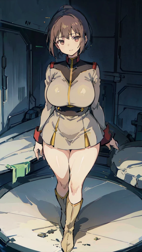 1 girl、Beautiful female officer of the Earth Federation Army、Brown short hair、Accurately draw faces、plump figure，Huge Breasts、Healthy Thighs Short Skirt Earth Federation Army、knee height、Battleship bridge interior、anatomically correct、Precise fingers、Precise leaf stone carving、Photoreal，Sunlight，Smile，stockings，cleavage，Lipstick