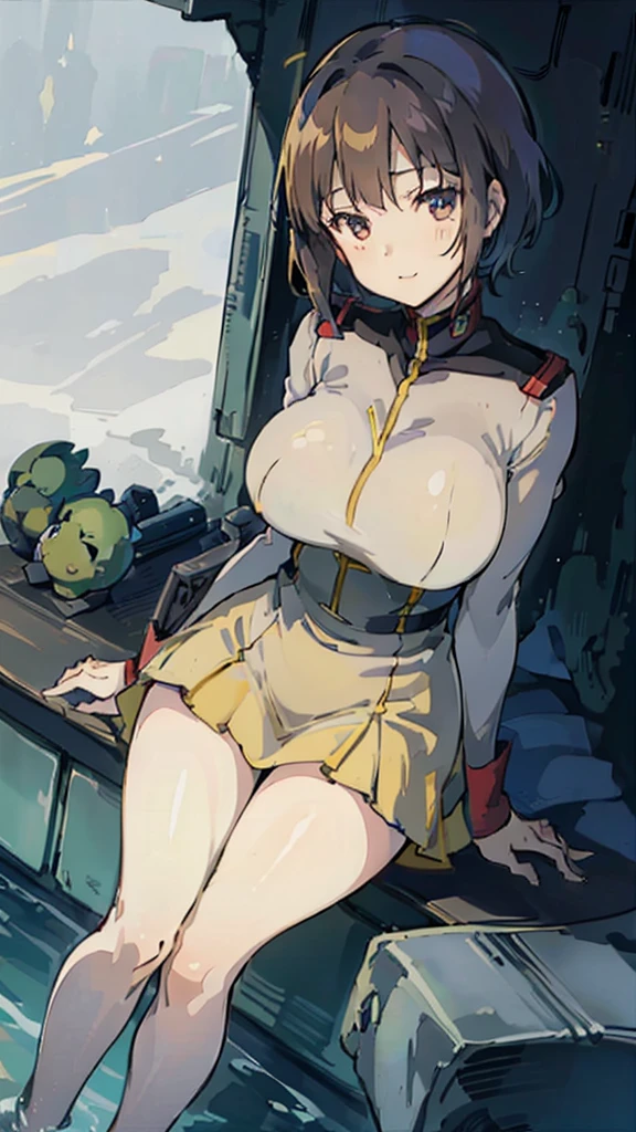 1 girl、Beautiful female officer of the Earth Federation Army、Brown short hair、Accurately draw faces、plump figure,Huge Breasts、Healthy Thighs Short Skirt Earth Federation Army、knee height、Battleship bridge interior、anatomically correct、Precise fingers、Precise leaf stone carving、Photoreal,Sunlight,Smile,stockings,cleavage,Lipstick