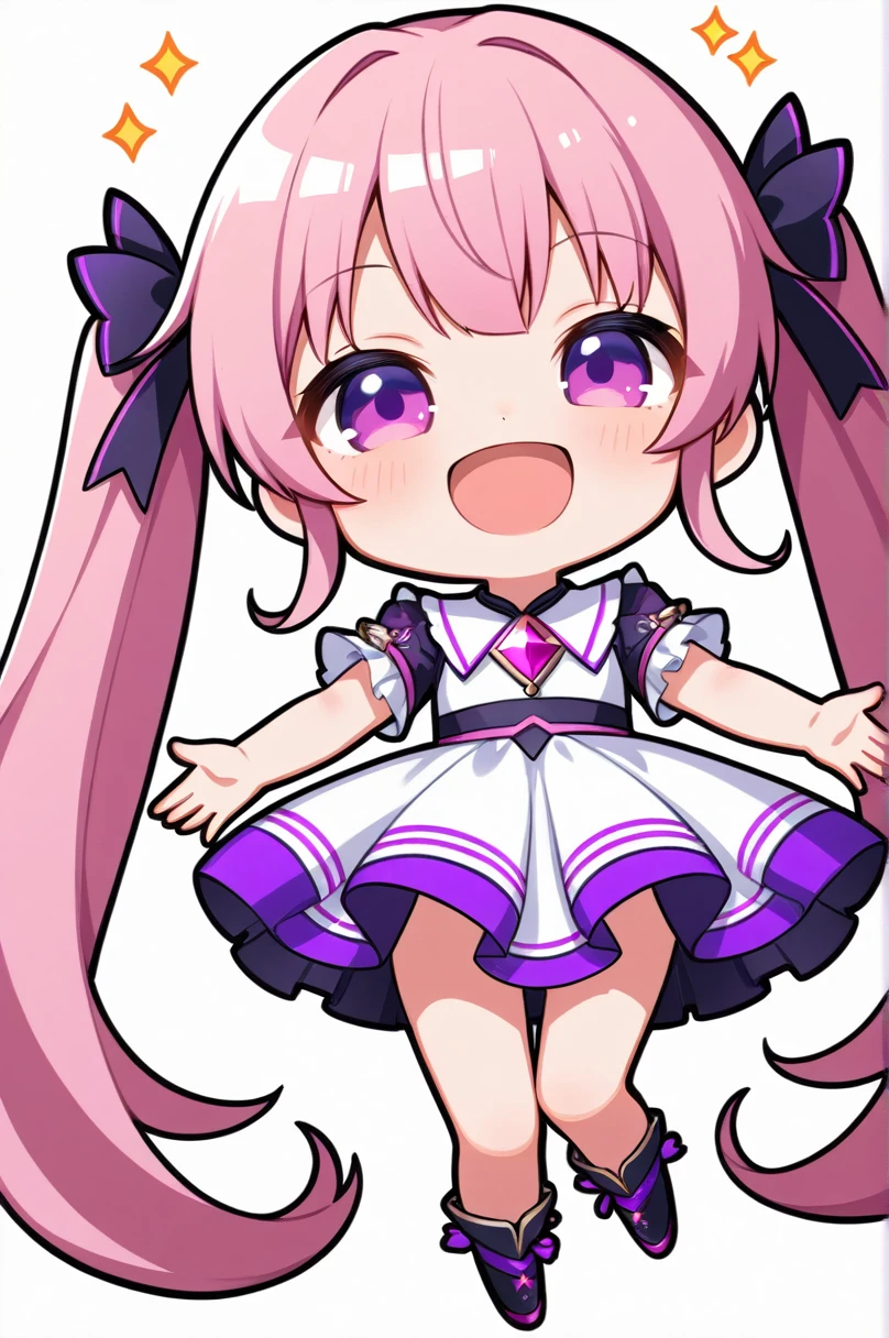 One girl, alone, (chibi 2), Drill Hair, Long Hair, Pink Hair, Eyes closed,Purple eyes,smile, Shine, Twin Drill, Twin tails,Simple white background,whole body,Mouth open,Smiling with eyes closed, Hands outstretched out here