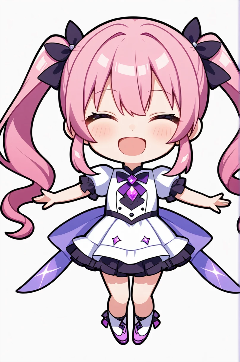 One girl, alone, (chibi 2), Drill Hair, Long Hair, Pink Hair, Eyes closed,Purple eyes,smile, Shine, Twin Drill, Twin tails,Simple white background,whole body,Mouth open,Smiling with eyes closed, Hands outstretched out here