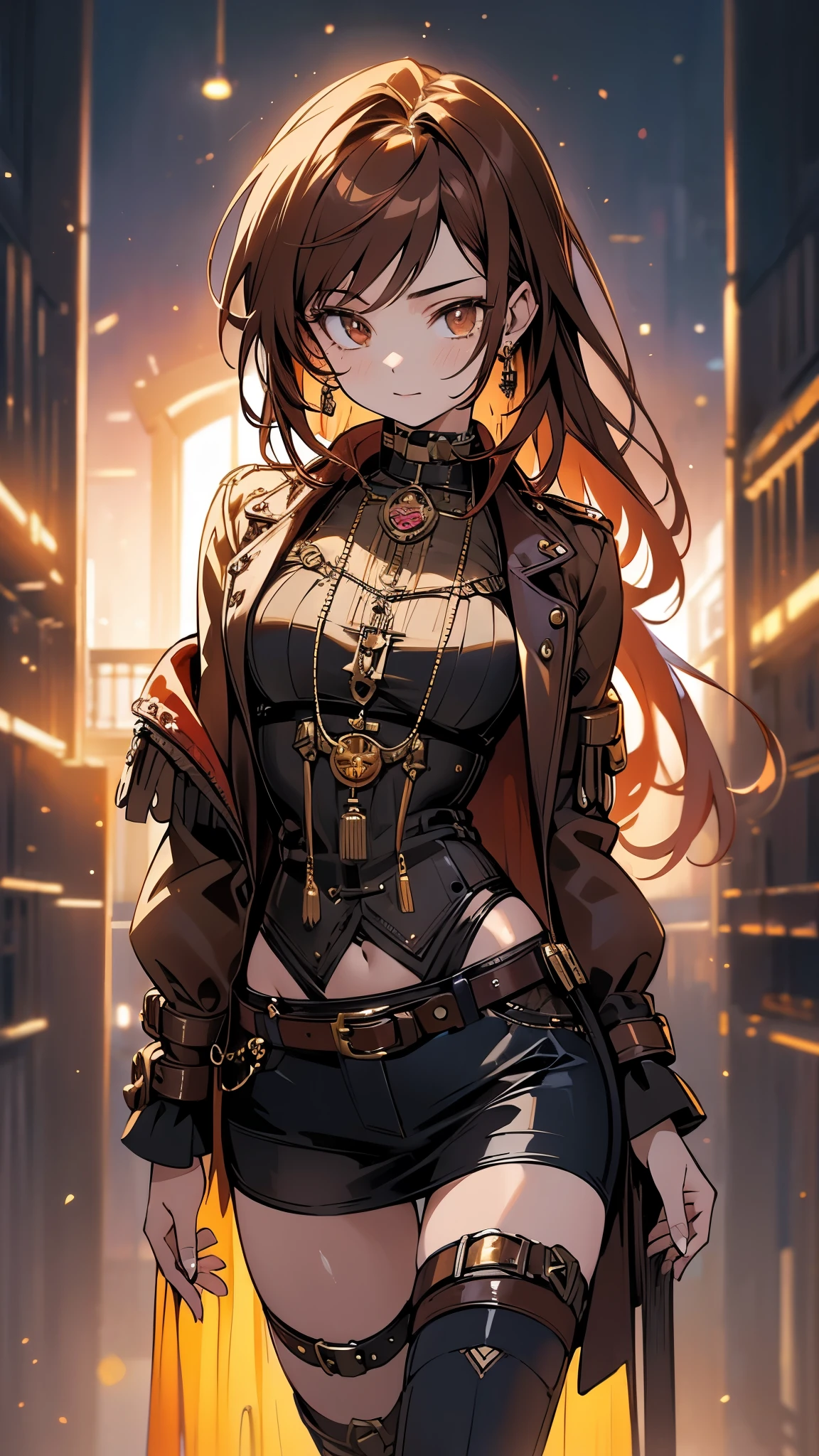 (highest quality, 4k, High resolution, masterpiece:1.2), Super detailed, (anime style, photorealistic:1.37), cinematic light, Bright colors and mesmerizing effects, Soft and delicate lighting, gentle shine, Beautiful and gentle atmosphere throughout the scene, (1girl:1.5), joven, (Cara finamente detallada:1.4, Ropa detallada), (Detallado:1.4) named (Eimi Fukada:1.1) BREAK Cara hermosa, Profundidad de campo, Agregar capa, 27 years old, Modelo de cuerpo perfecto, senos perfectos, 175cm de altura, pose sexy, full body, cuerpo completo, Tipo de cuerpo del modelo, BREAK (steampunk style dressed:1.3), (Cabello largo:1.3), (brunette:1.1), dark brown hair, doble parpado, (reddish brown eyes:1.5) BREAK blush, long hair, nijistyle, (thigh gap), (cowboy shot:1.3)