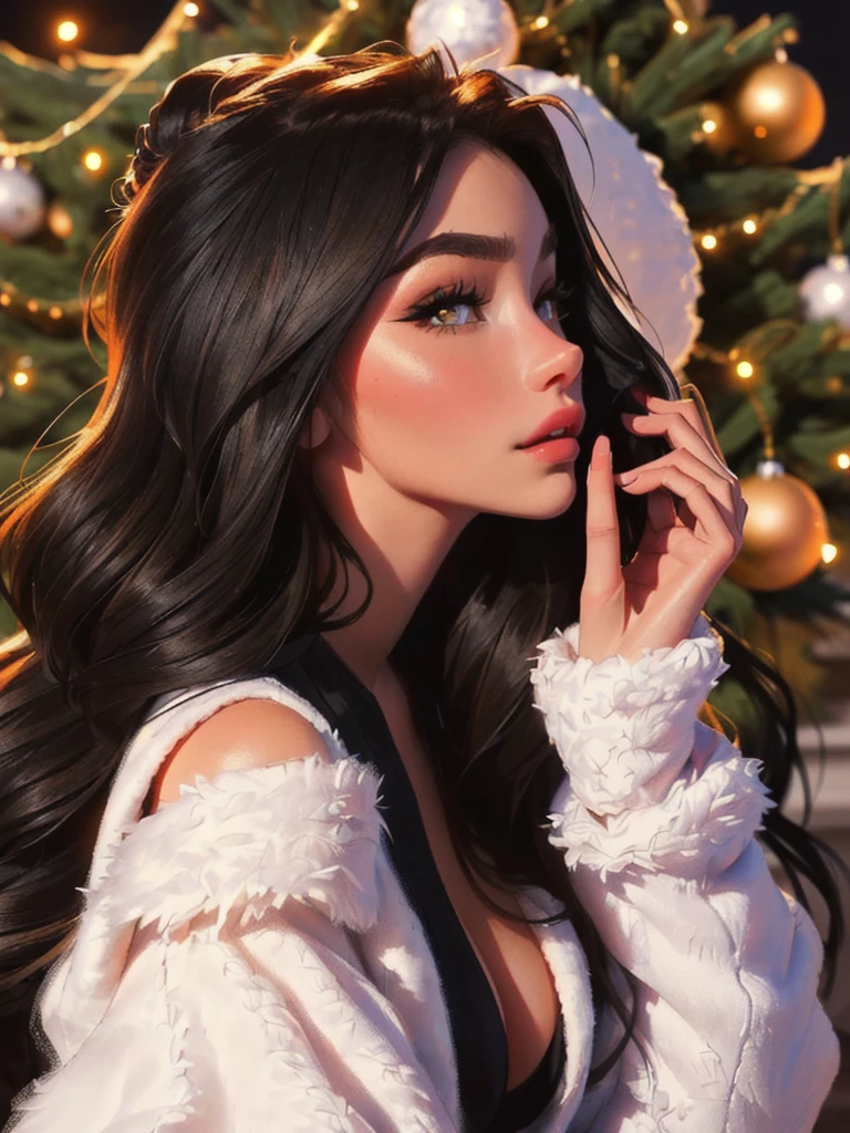 A woman with long black hair and a black top posing for a photo., soft devil queen Madison Beer, Portrait Sophie Mudd, Violet Myers, looks like a Christmas fairy tale, beautiful latin face, Madison Beer, sexy face with full makeup, Instagram Template, dark hair and makeup, profile picture, sensual look, 18 years, bella poarch