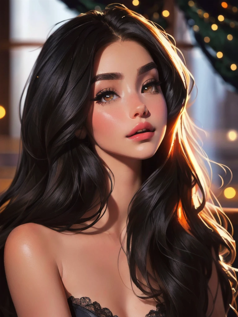 A woman with long black hair and a black top posing for a photo., soft devil queen Madison Beer, Portrait Sophie Mudd, Violet Myers, looks like a Christmas fairy tale, beautiful latin face, Madison Beer, sexy face with full makeup, Instagram Template, dark hair and makeup, profile picture, sensual look, 18 years, bella poarch