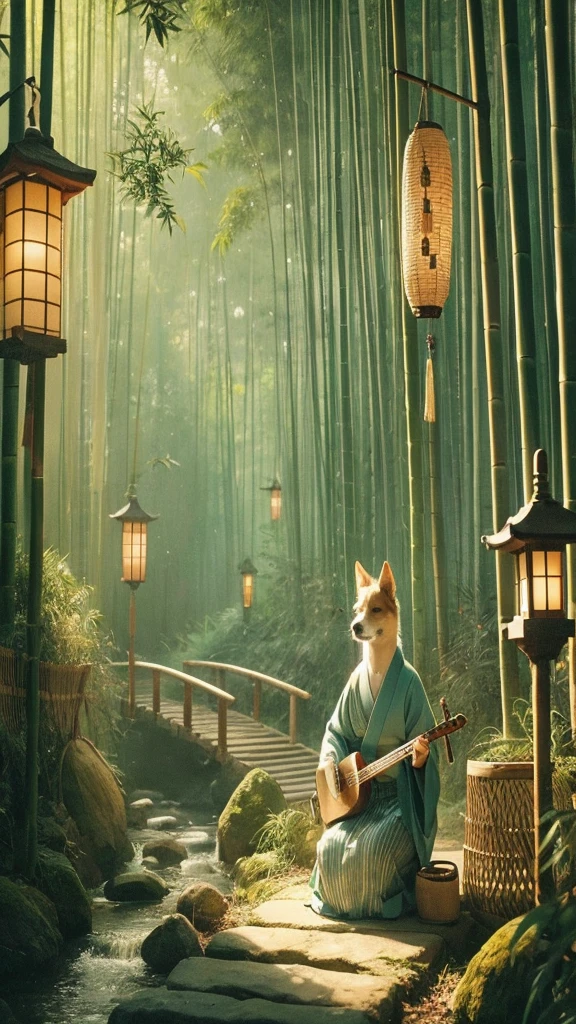 "A serene Japanese lo-fi scene set in a bamboo forest. A dog is sitting on a stone path, playing a shamisen with a calm, content expression. The surrounding bamboo sways gently in the breeze, and soft, dappled sunlight filters through the leaves. In the background, a small stream flows, adding to the tranquil atmosphere. Traditional Japanese lanterns hang from the bamboo, casting a warm, ambient glow."