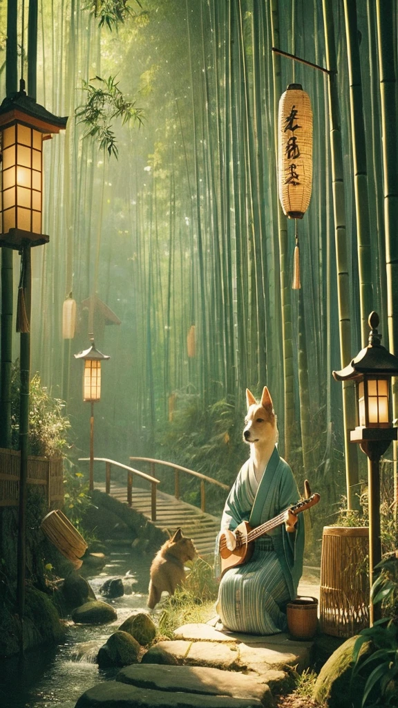 "A serene Japanese lo-fi scene set in a bamboo forest. A dog is sitting on a stone path, playing a shamisen with a calm, content expression. The surrounding bamboo sways gently in the breeze, and soft, dappled sunlight filters through the leaves. In the background, a small stream flows, adding to the tranquil atmosphere. Traditional Japanese lanterns hang from the bamboo, casting a warm, ambient glow."