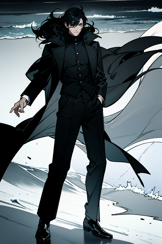 a man with blackhair in a black coat, on the beach, smooth lights, dark scene