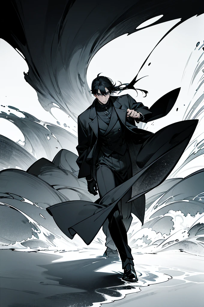 a man with blackhair in a black coat, on the beach, smooth lights, dark scene
