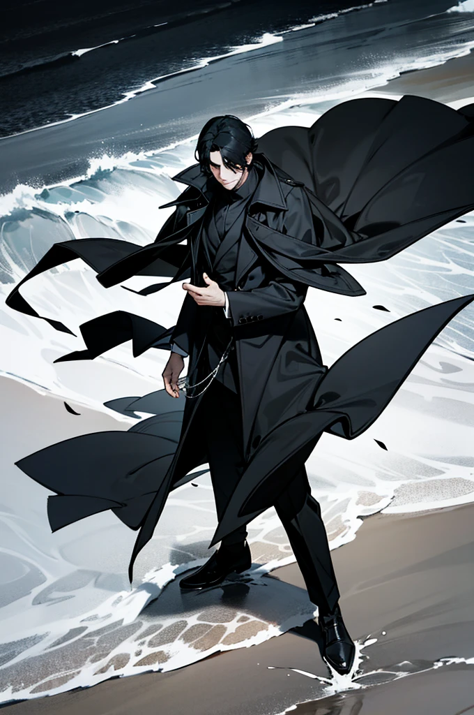 a man with blackhair in a black coat, on the beach, smooth lights, dark scene