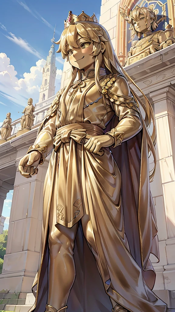 王子的Gold statue，Prince style，Prince costume，宫廷Dress，Gold statue，男孩的Gold statue，带着黄金冠冕的Gold statue，脚边停着一只燕子的Gold statue，Golden Boy Statue，Gold statue，Long hair，Dress，Dress，西式宫廷男士Dress，Cute boy，British style，Victorian style，crown，crown，Golden Boy Sculpture，Golden Boy Statue，Gold statue，Gold statue，Giant golden statue，Giant golden statue，Outdoor Background，Smiling statue，Close-up above the waist