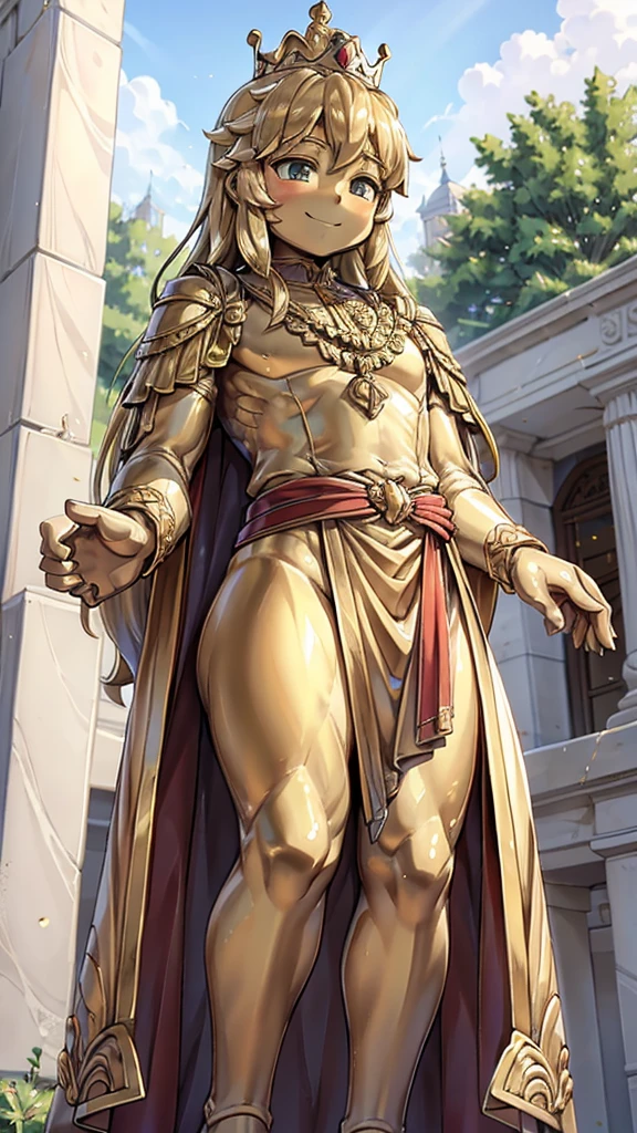 王子的Gold statue，Prince style，Prince costume，宫廷Dress，Gold statue，男孩的Gold statue，带着黄金冠冕的Gold statue，脚边停着一只燕子的Gold statue，Golden Boy Statue，Gold statue，Long hair，Dress，Dress，西式宫廷男士Dress，Cute boy，British style，Victorian style，crown，crown，Golden Boy Sculpture，Golden Boy Statue，Gold statue，Gold statue，Giant golden statue，Giant golden statue，Outdoor Background，Smiling statue，Close-up above the waist