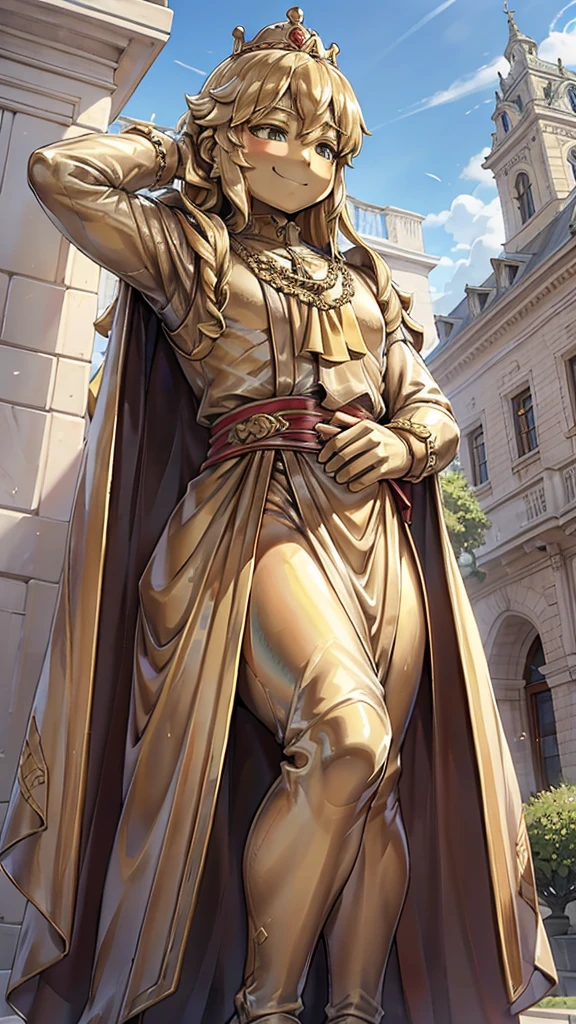 王子的Gold statue，Prince style，Prince costume，宫廷Dress，Gold statue，男孩的Gold statue，带着黄金冠冕的Gold statue，脚边停着一只燕子的Gold statue，Golden Boy Statue，Gold statue，Long hair，Dress，Dress，西式宫廷男士Dress，Cute boy，British style，Victorian style，crown，crown，Golden Boy Sculpture，Golden Boy Statue，Gold statue，Gold statue，Giant golden statue，Giant golden statue，Outdoor Background，Smiling statue，Close-up above the waist