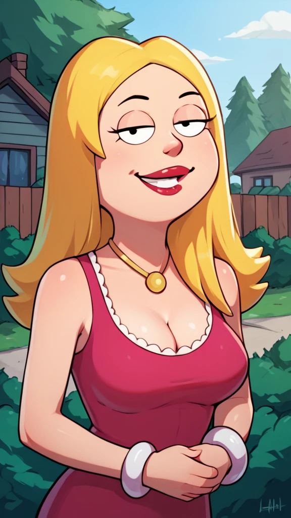 francine,flat color,  blonde hair, 1girl, long hair, white braclet, breasts, solo, necklace, cleavage, pink dress, dress, red lips, standing,looking at viewer,outdoors, upper body,   breasts, smile,   score_9, score_8_up, score_7_up, score_6_up, score_5_up, score_4_up