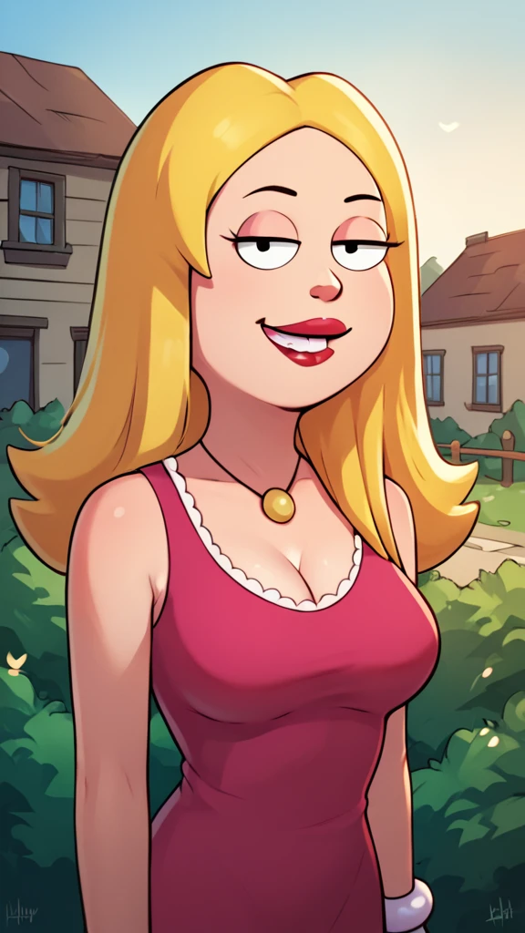 francine,flat color,  blonde hair, 1girl, long hair, white braclet, breasts, solo, necklace, cleavage, pink dress, dress, red lips, standing,looking at viewer,outdoors, upper body,   breasts, smile,   score_9, score_8_up, score_7_up, score_6_up, score_5_up, score_4_up