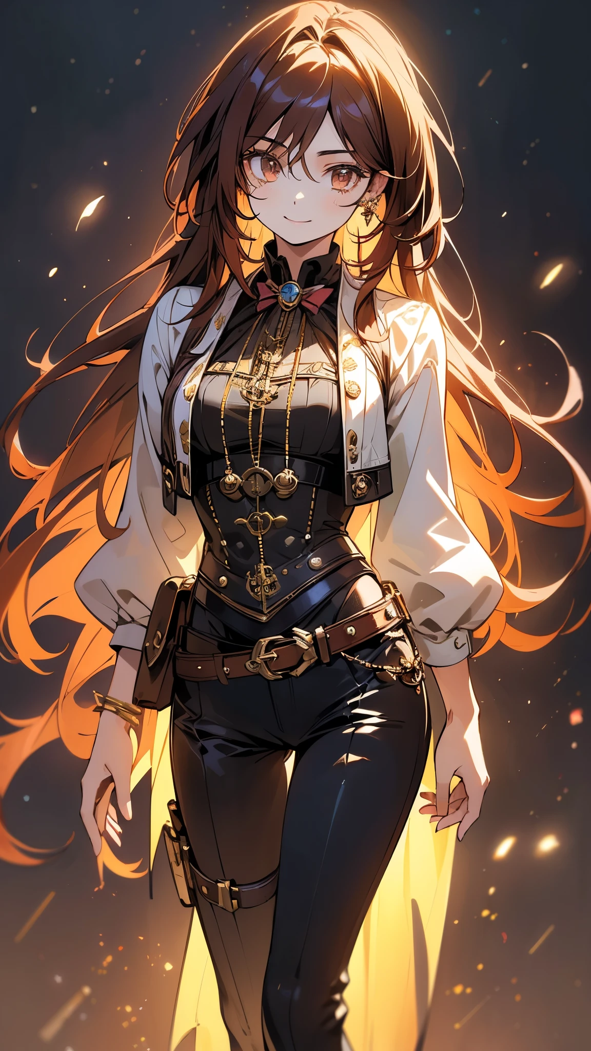 (highest quality, 4k, High resolution, masterpiece:1.2), Super detailed, (anime style, photorealistic:1.37), cinematic light, Bright colors and mesmerizing effects, Soft and delicate lighting, gentle shine, Beautiful and gentle atmosphere throughout the scene, (1girl:1.5), joven, (Cara finamente detallada:1.4, Ropa detallada), (Detallado:1.4) named (Eimi Fukada:1.1) BREAK Cara hermosa, Profundidad de campo, Agregar capa, 27 years old, Modelo de cuerpo perfecto, senos perfectos, 175cm de altura, pose sexy, full body, cuerpo completo, Tipo de cuerpo del modelo, BREAK (steampunk style dressed:1.3), (Cabello largo:1.3), (brunette:1.1), dark brown hair, doble parpado, (reddish brown eyes:1.5) BREAK blush, long hair, nijistyle, (thigh gap), (cowboy shot:1.3), smile