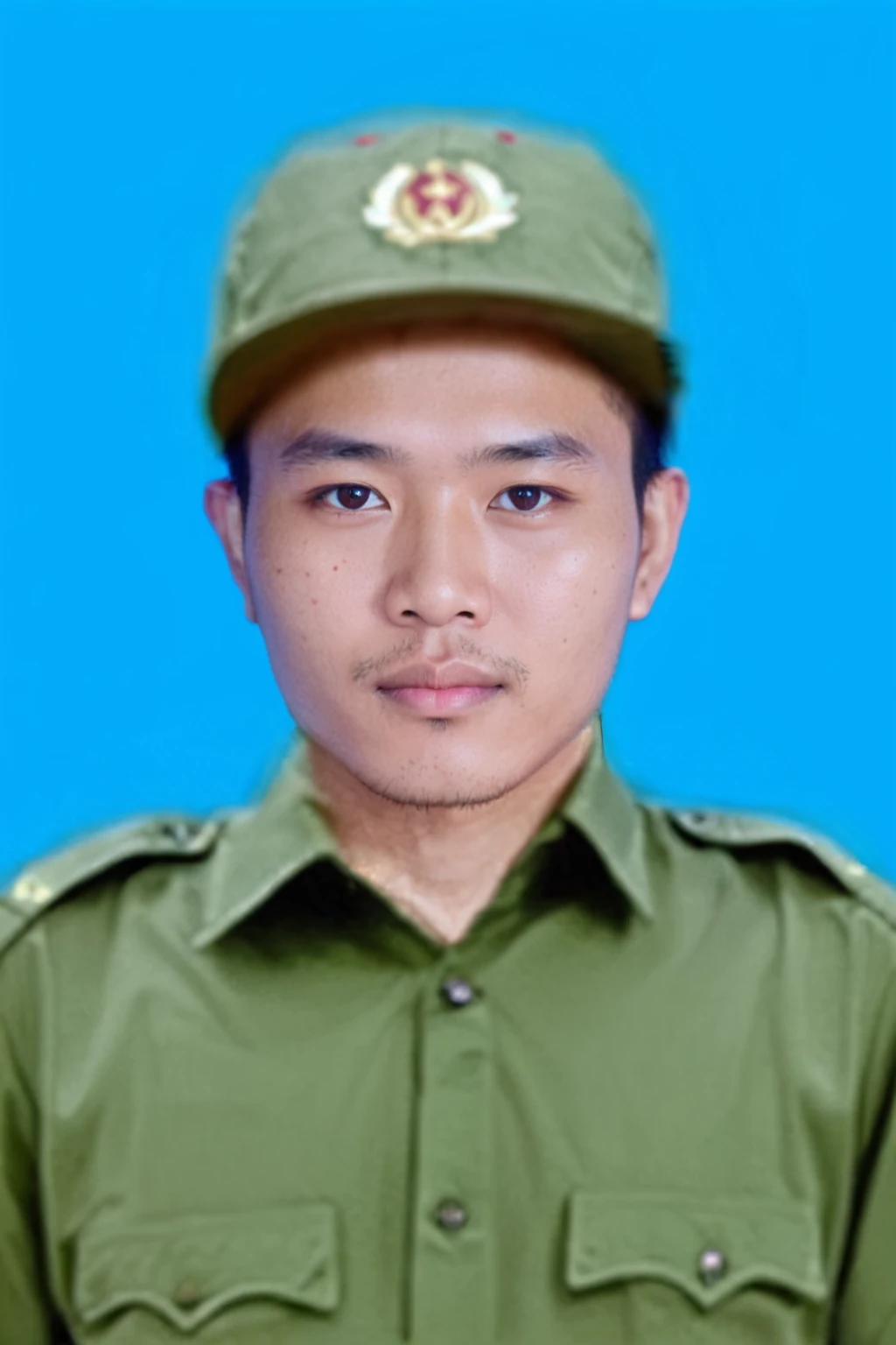 Highly realistic photo, Portrait of a 25 year old Vietnamese young man, 8k, green shirt, green hat