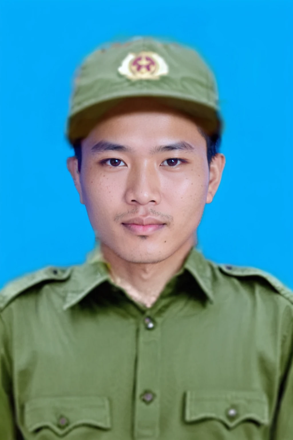 Highly realistic photo, Portrait of a 25 year old Vietnamese young man, 8k, green shirt, green hat