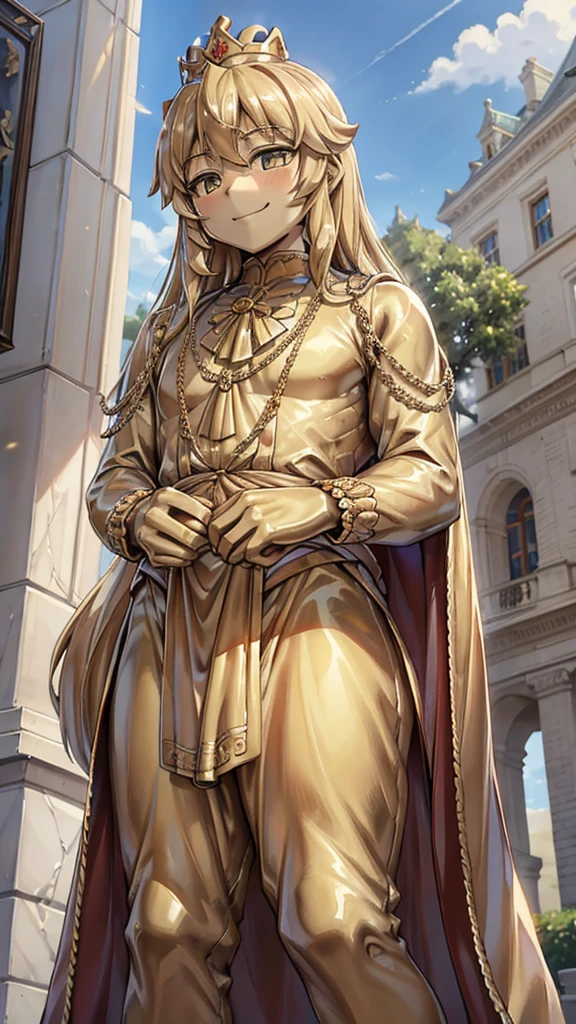 王子的Gold statue，Prince style，Prince costume，宫廷Dress，Gold statue，男孩的Gold statue，带着黄金冠冕的Gold statue，脚边停着一只燕子的Gold statue，Golden Boy Statue，Gold statue，Long hair，Dress，Dress，西式宫廷男士Dress，Cute boy，British style，Victorian style，crown，crown，Golden Boy Sculpture，Golden Boy Statue，Gold statue，Gold statue，Giant golden statue，Giant golden statue，Outdoor Background，Smiling statue，Close-up above the waist