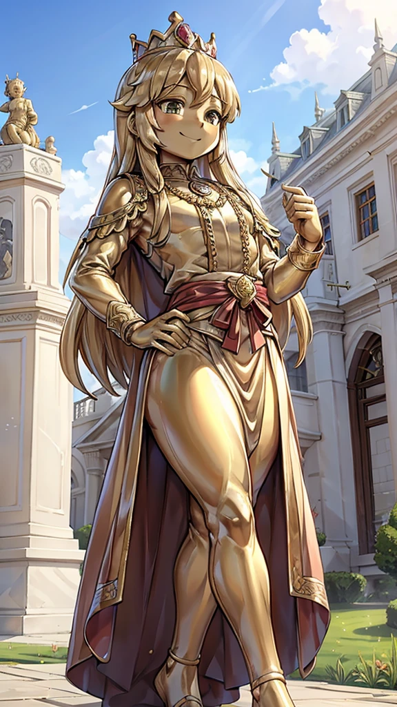 王子的Gold statue，Prince style，Prince costume，宫廷Dress，Gold statue，男孩的Gold statue，带着黄金冠冕的Gold statue，脚边停着一只燕子的Gold statue，Golden Boy Statue，Gold statue，Long hair，Dress，Dress，西式宫廷男士Dress，Cute boy，British style，Victorian style，crown，crown，Golden Boy Sculpture，Golden Boy Statue，Gold statue，Gold statue，Giant golden statue，Giant golden statue，Outdoor Background，Smiling statue，Close-up above the waist