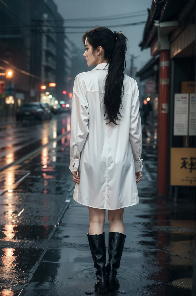 (((best quality))),(((ultra detailed))),(((masterpiece))),illustration,1girl, young,solo, slim,thin,short ponytail,bare back,towering hips,butt crack,white collared shirt,briefs,slender legs,boots,standing,rainy night, heavy rain, drenched clothes, melancholy expression, solitude, tear rolling down cheek, wet hair, empty streets, dimly lit, deserted environment, sound of rain, footsteps, symbol of hope, abandoned, resilience, determination, walking in rain, heartbreak, loss, love fading, loneliness, body language, facial expression, dreary atmosphere, rain-soaked streets, somber mood, viewer engagement,upper body,from back