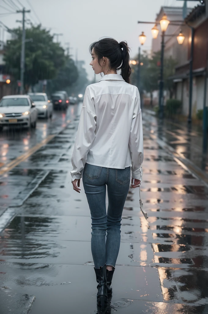 (((best quality))),(((ultra detailed))),(((masterpiece))),illustration,1girl, young,solo, slim,thin,short ponytail,bare back,towering hips,butt crack,white collared shirt,briefs,slender legs,boots,standing,rainy night, heavy rain, drenched clothes, melancholy expression, solitude, tear rolling down cheek, wet hair, empty streets, dimly lit, deserted environment, sound of rain, footsteps, symbol of hope, abandoned, resilience, determination, walking in rain, heartbreak, loss, love fading, loneliness, body language, facial expression, dreary atmosphere, rain-soaked streets, somber mood, viewer engagement,upper body,from back