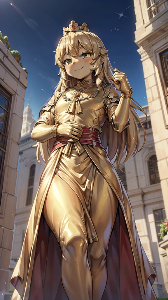 王子的Gold statue，Prince style，Prince costume，宫廷Dress，Gold statue，男孩的Gold statue，带着黄金冠冕的Gold statue，脚边停着一只燕子的Gold statue，Golden Boy Statue，Gold statue，Long hair，Dress，Dress，西式宫廷男士Dress，Cute boy，British style，Victorian style，crown，crown，Golden Boy Sculpture，Golden Boy Statue，Gold statue，Gold statue，Giant golden statue，Giant golden statue，Outdoor Background，Smiling statue，Close-up above the waist