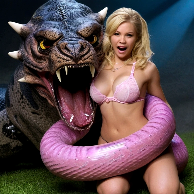 Pink thong Happy Horny, aroused 1girl), beautiful kneeling young blonde pornstar with giant colossal black titanboa monster squeezing her hard, wrapped in thick spiraling coils, constricted, struggle, gasping for air, snake attack, snake peril, moonless night, dim light
