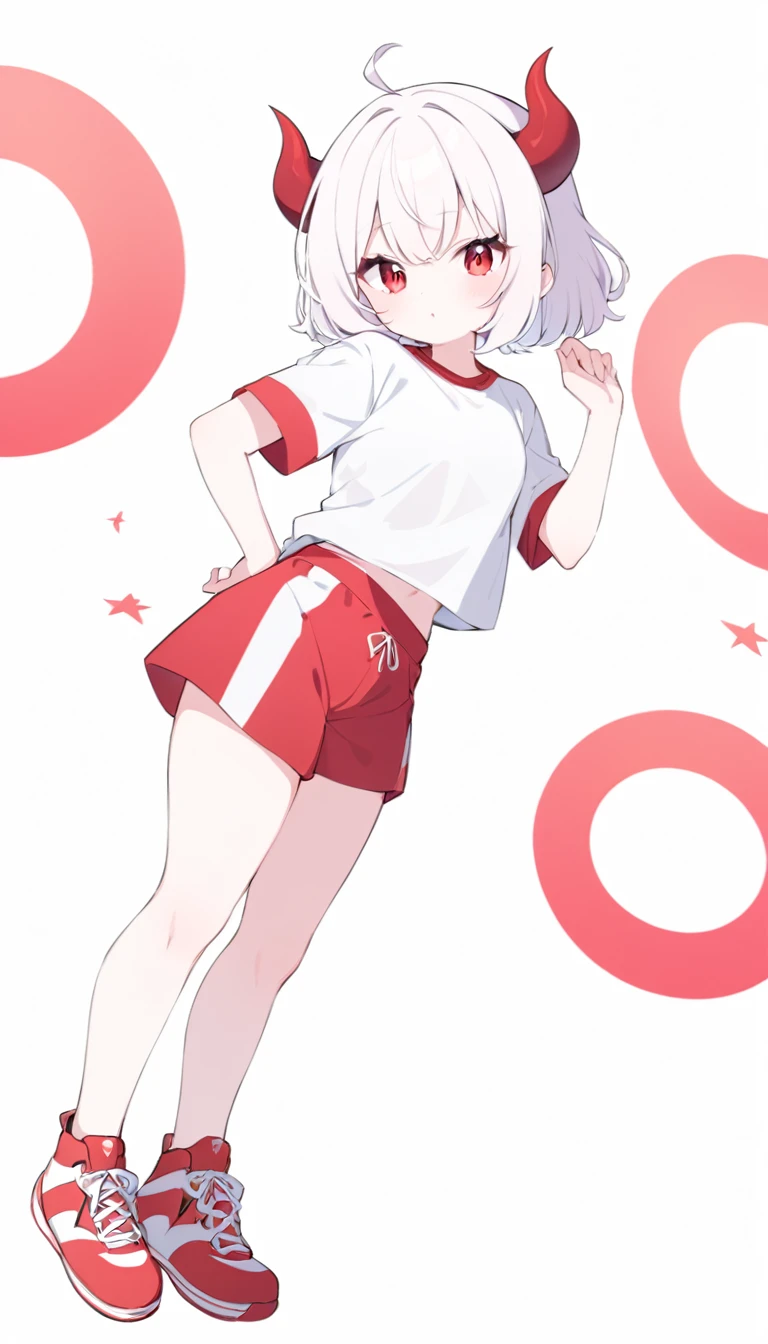 Teenage girl, devil girl, little red horns, white hair, short fluffy hair, big red eyes, pale skin, rosy cheeks, red cheeks, white sports shirt with a red side stripe from left to right. white background, full body