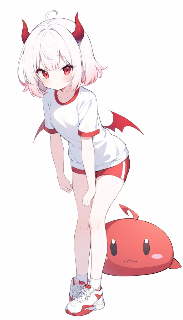  girl, devil girl, little red horns, white hair, short fluffy hair, big red eyes, pale skin, rosy cheeks, red cheeks, white sports shirt with a red side stripe from left to right. white background, full body