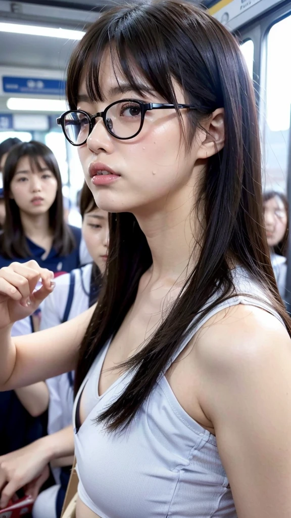 Japan人.Japan.girl.10th Generation.Primary school students.Crowded train.summer.Sweaty.Armpit sweat.Small breasts.Wear glasses.Long Hair.