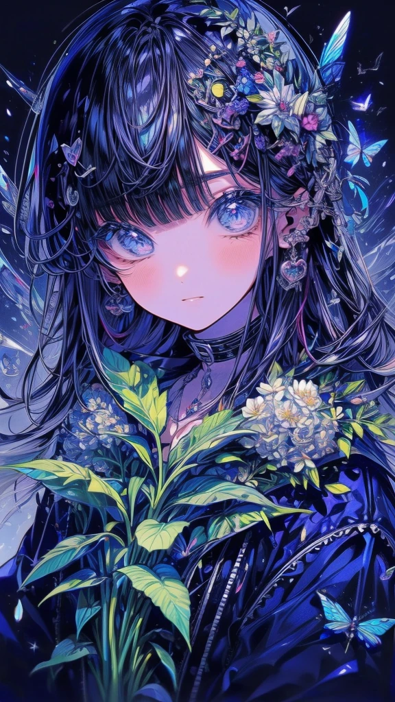 (Piece Fly), (best quality), Very detailed,Focus only，Perfect face, Pretty Face, Very detailed顔，(Black hair:1.3)，(blue eyes:1.3)，flower，星Light，flowerびら，Light，laughter