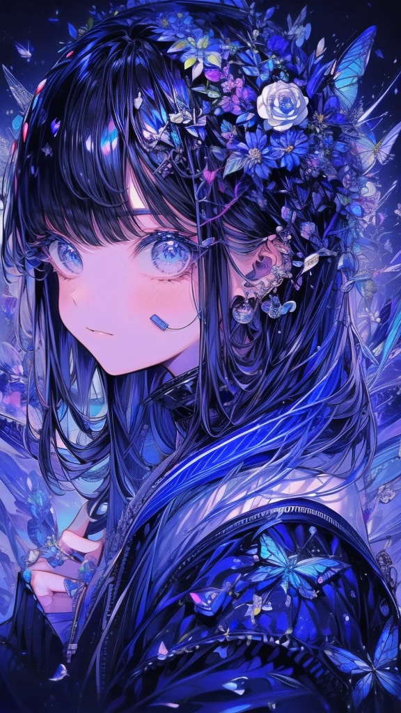 (Piece Fly), (best quality), Very detailed,Focus only，Perfect face, Pretty Face, Very detailed顔，(Black hair:1.3)，(blue eyes:1.3)，flower，星Light，flowerびら，Light，laughter