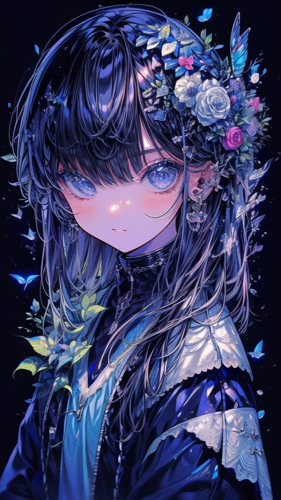 (Piece Fly), (best quality), Very detailed,Focus only,Perfect face, Pretty Face, Very detailed顔,(Black hair:1.3),(blue eyes:1.3),flower,星Light,flowerびら,Light,laughter