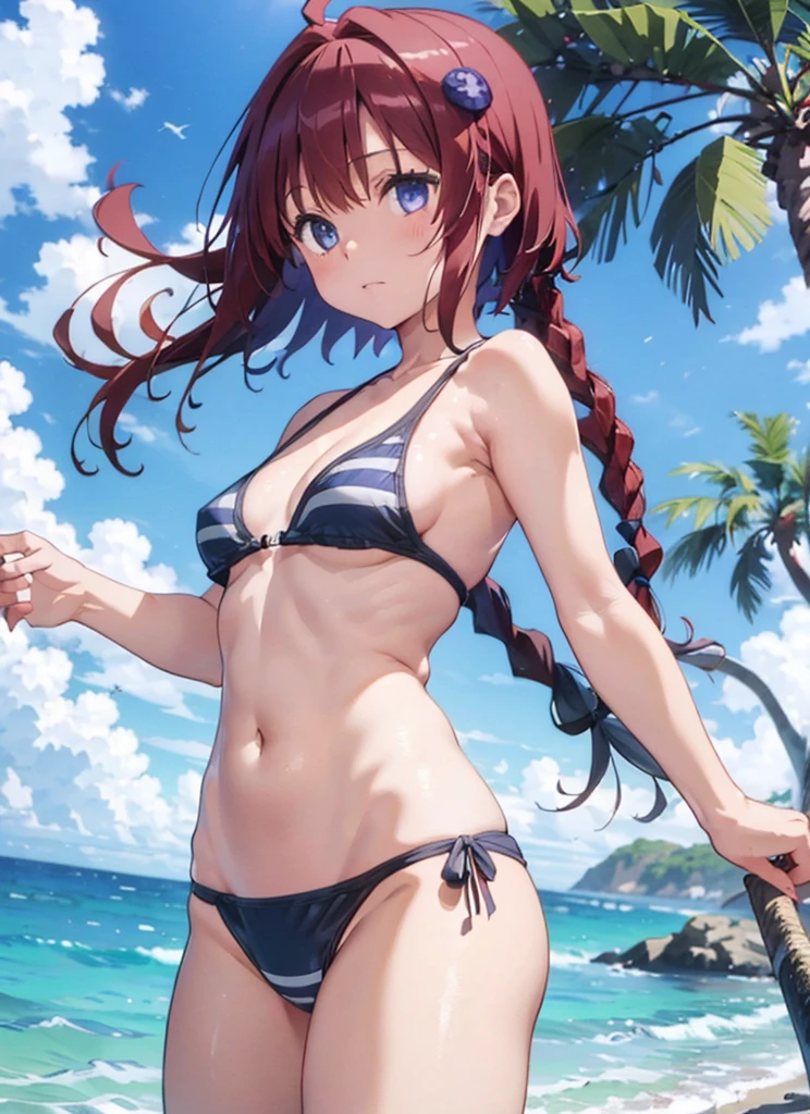 an anime girl is seen in the video of her showing her chest, 1girl, outdoors, swimsuit, solo, bikini, braid, striped bikini, striped, day, string bikini, breasts, navel, side-tie bikini bottom, red hair, purple eyes, stomach, looking at viewer, beach, medium breasts, sky, cloud, hair ornament, cowboy shot, palm tree, tree, ahoge, halterneck, bare shoulders, ocean, very long hair, sunlight