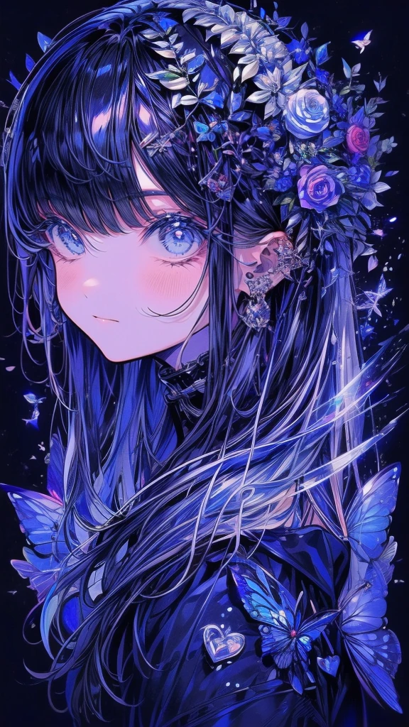 (Piece Fly), (best quality), Very detailed,Focus only,Perfect face, Pretty Face, Very detailed顔,(Black hair:1.3),(blue eyes:1.3),flower,星Light,flowerびら,Light,laughter