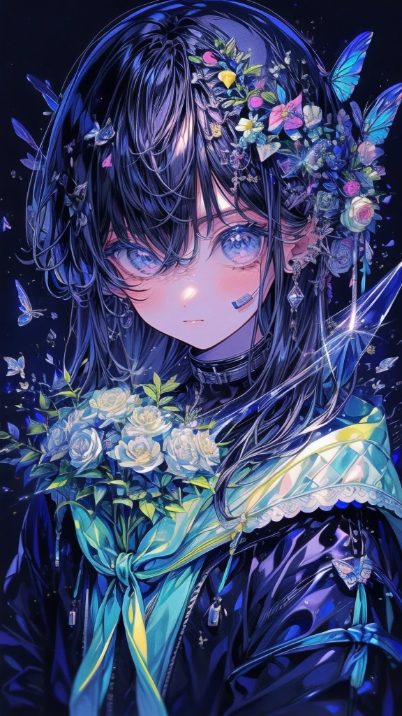 (Piece Fly), (best quality), Very detailed,Focus only,Perfect face, Pretty Face, Very detailed顔,(Black hair:1.3),(blue eyes:1.3),flower,星Light,flowerびら,Light,laughter