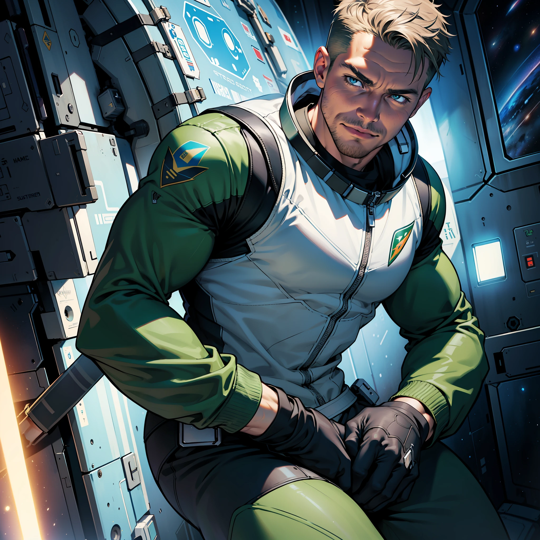32k,masterpiece, best quality, detailed face, natural eyes,1man, solo mature man, muscled and mature, stephen amell as an astronaut wearing future space suit, dark green suit, showing muscles and bulge ,floating in the space inside a space shuttle , with "arrow" text and logo on his suit ,  full body, intricate Detailed background 