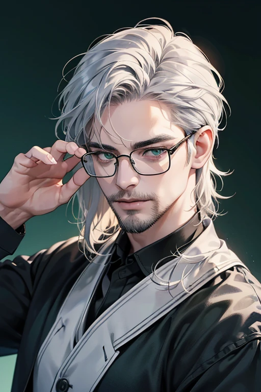 (Best quality,4K,8K,a high resolution,masterpiece:1.2),ultra detailed,(realistic,photorealistic,photo-realistic:1.37),39 year old man,3 day beard,Beautiful anime,portraits,strong,masculine,silver hair,Sharp jawline,Mesmerizing eyes,Perfectly styled hair,cool anime outfit,confident expression,bright colors,dynamic lighting, green eyes, (black shirt, glasses on face)