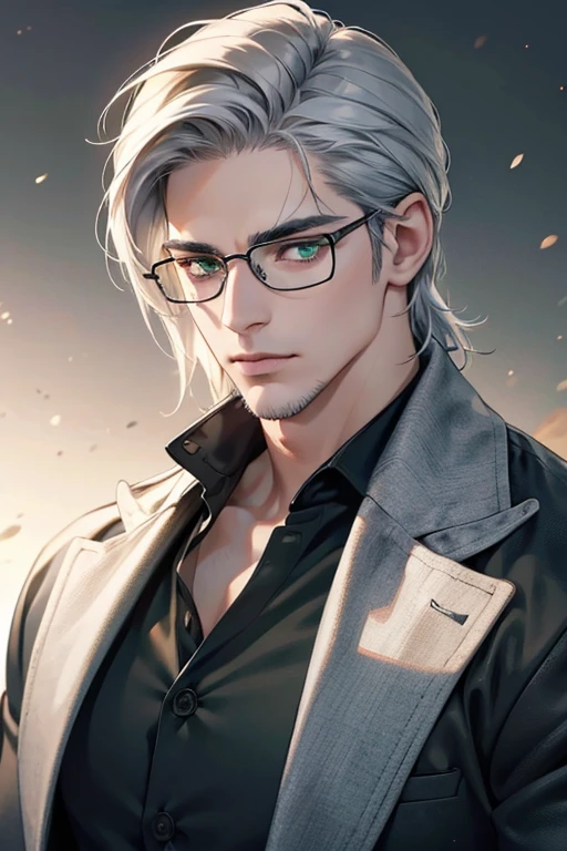 (Best quality,4K,8K,a high resolution,masterpiece:1.2),ultra detailed,(realistic,photorealistic,photo-realistic:1.37),39 year old man,3 day beard,Beautiful anime,portraits,strong,masculine,silver hair,Sharp jawline,Mesmerizing eyes,Perfectly styled hair,cool anime outfit,confident expression,bright colors,dynamic lighting, green eyes, (black shirt, glasses on face)