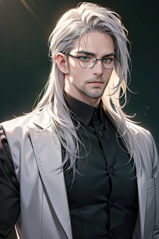 (Best quality,4K,8K,a high resolution,masterpiece:1.2),ultra detailed,(realistic,photorealistic,photo-realistic:1.37),39 year old man,3 day beard,Beautiful anime,portraits,strong,masculine,silver hair,Sharp jawline,Mesmerizing eyes,Perfectly styled hair,cool anime outfit,confident expression,bright colors,dynamic lighting, green eyes, (black shirt, glasses on face)