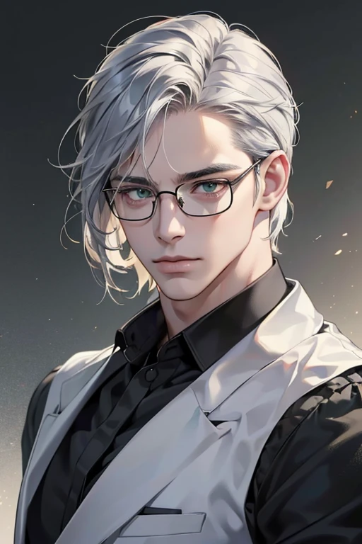(Best quality,4K,8K,a high resolution,masterpiece:1.2),ultra detailed,(realistic,photorealistic,photo-realistic:1.37),39 year old man,3 day beard,Beautiful anime,portraits,strong,masculine,silver hair,Sharp jawline,Mesmerizing eyes,Perfectly styled hair,cool anime outfit,confident expression,bright colors,dynamic lighting, green eyes, (black shirt, glasses on face)