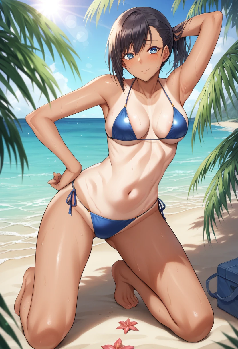 score_anime, score_9, score_8_up, score_7_up, masterpiece, best quality, cellshade, BREAK 
1girl,  blue bikini, bikini, kneeling, arm behind head, hand on own hip, looking at viewer, facing viewer, blush, embarrassed, light smile, beach, sunlight, sweat, dark skin, tan, tanline, dark skinned female