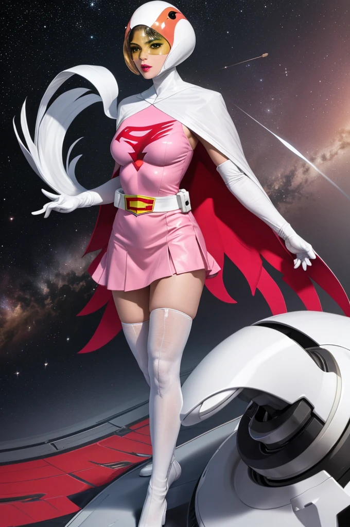 ANI_CLASSIC_jun_gatchaman_ownwaifu,1girl, 15 years old, good anatomy, masterpiece, best quality, realistic, hyperrealistic, 16k hdr, breasts, green eyes, lips, large breasts, lipstick, makeup, gloves, cape, helmet, belt, elbow gloves, white gloves, mask, ultra miniskirt, leotard, spacesuit, white tight overknee highheels boots, pink dress, superhero,bodysuit,(lying flat poses, view from above),pantyhose