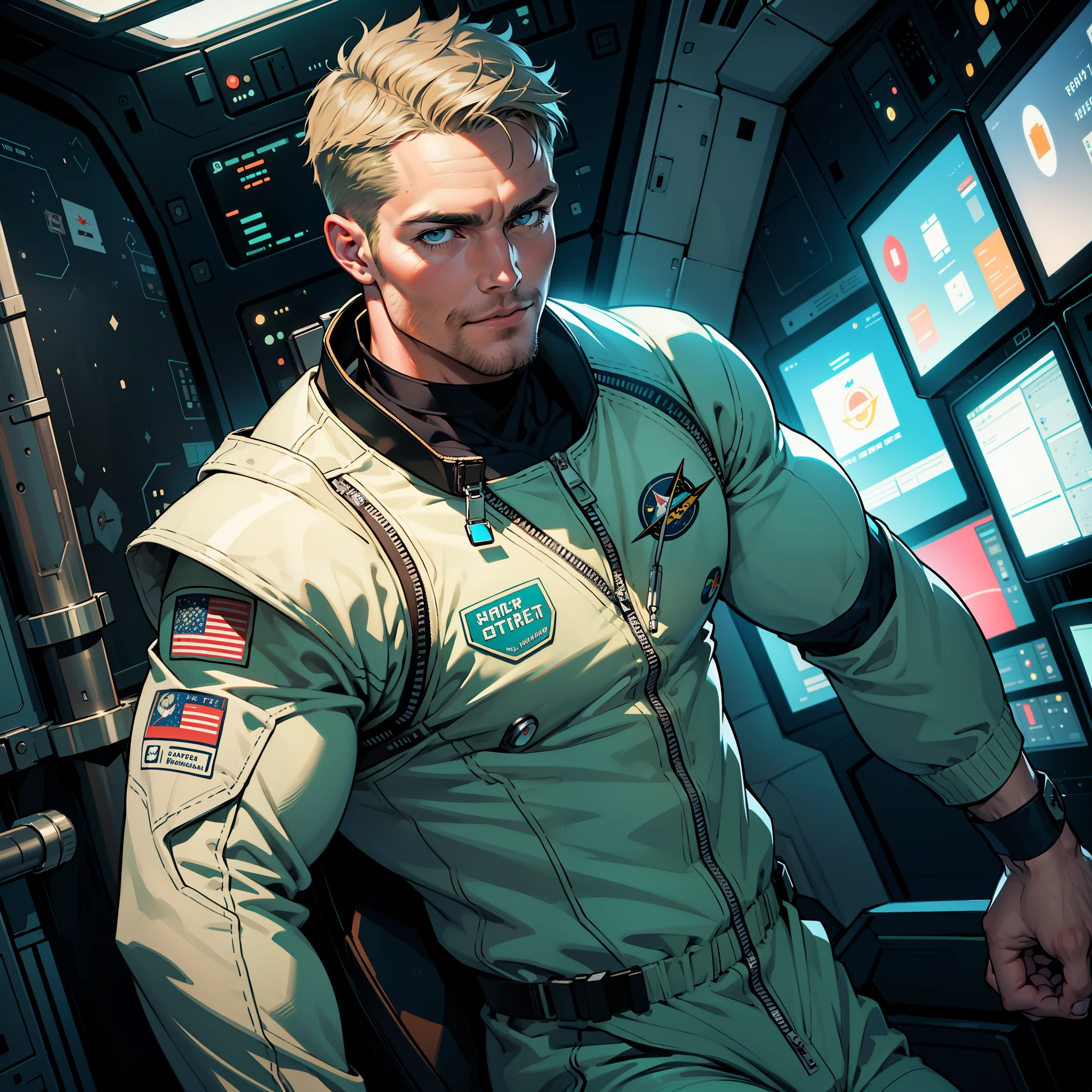 32k,masterpiece, best quality, detailed face, natural eyes,1man, solo mature man, muscled and mature, stephen amell as an astronaut wearing future space suit, dark green suit, showing muscles and bulge ,floating in the space inside a space shuttle , with "arrow" text and logo on his suit , full body, intricate Detailed background