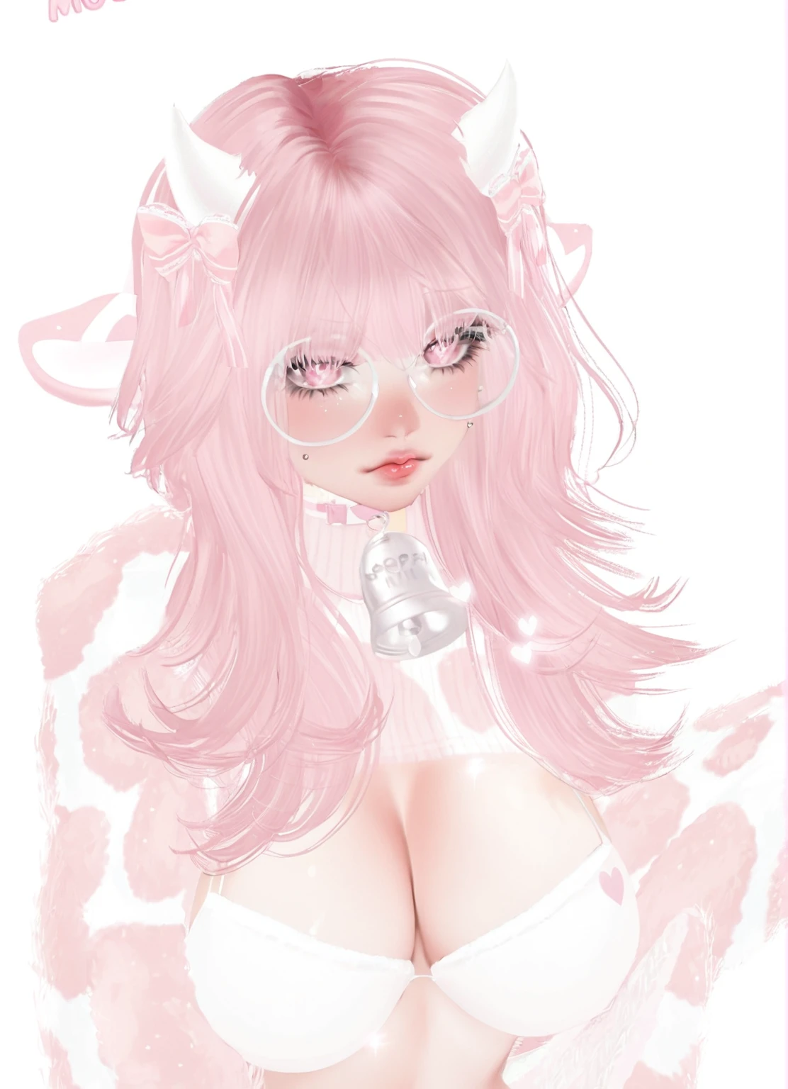 IMVU, pink hair, pink heart eyes, pale skin, white and pink cow ears, white horns with pink bows, fuzzy white jacket with pink spots, pink cowbell choker, kawaii, soft, high quality, masterpiece, 8k