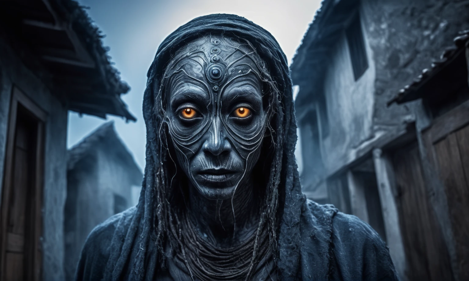 full body length shot,beggar niobium graphite mummy of Alien Entity,native africa sparas ,medieval azctec central city,Cinematic,soft colors, Technicolor,natural skin textures, hyper realism, hyper detailed,Extremely detailed,High contrast,Masterpiece,Realistic,Ultra Detailed, intricate details,realistic humid leather,extremely intricate,Epic Realistic, cinematic style, irina yermolova,high contrast,hdr,extremely detailed, [deep night landscape],masterpiece, intricate details, eyes extremely detailed, high detailed eyes,8k resolution,retina, Nikon Z9,Korea,orc,Li River in Guangxi Zhuang of Italia, Pisces, transition between two art styles, Double contact, X-ray, Creative, vivid light, fantasy, Abstract, Surrealism, super detailed, high resolution, trap against fairies between houses in air,insanity wear,Her skin is pale, almost translucent. His eyes shine with a bluish glow, he wears dark,, symbols of mourning and gothic elements, further emphasizing its dark air. is portrayed as a haunted and tormented entity,Mestichino,Light particles,chaos,jellyfish's leather

