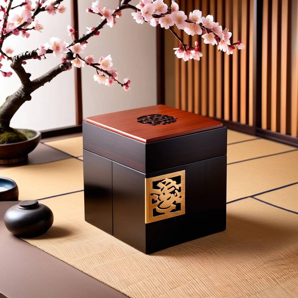 Japanese traditional「Tamate Box」Please generate an image of。Tamate Boxは、A treasure chest that appears in Japanese folk tales。In the box、Cherry Blossom、turtle、波などのJapanese traditional模様が施され、It has an elegant and sophisticated design。The surface is finished with lacquer.、Has a glossy appearance。In the background、Tatami room、Shoji screen、It depicts a classic Japanese environment with simple decoration.、It brings out the mysterious atmosphere of the ancient world.。